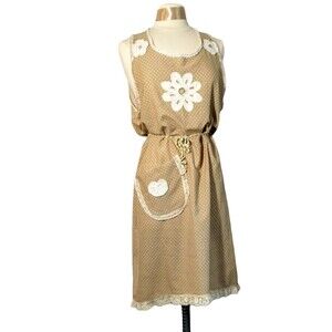Handmade slip dress, tan cotton, vintage lace, applique prairie pinafore S-XL